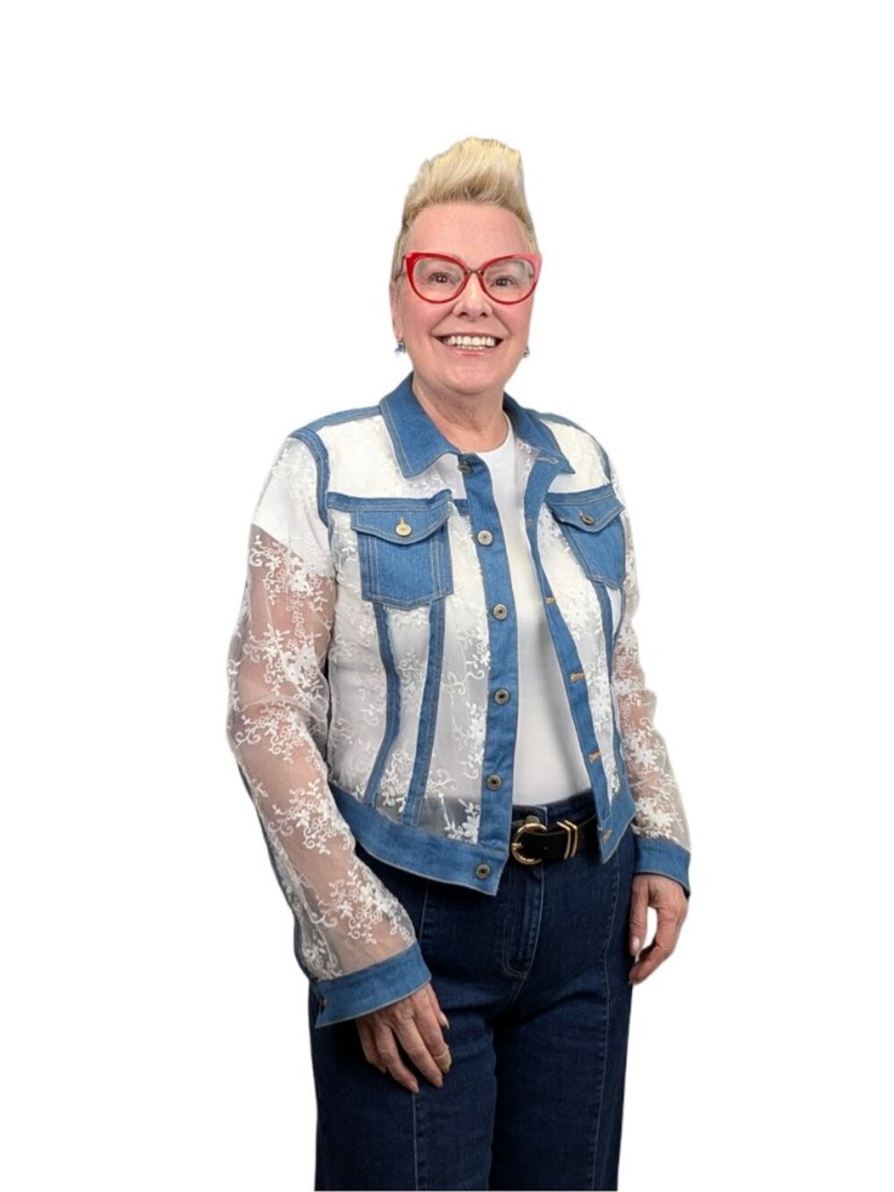 Gracia Sheer Lace Mesh & Denim Jacket -Size Large
